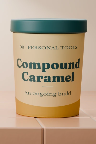 Compound Caramel, a studio-rendered ice cream pint on peach tile