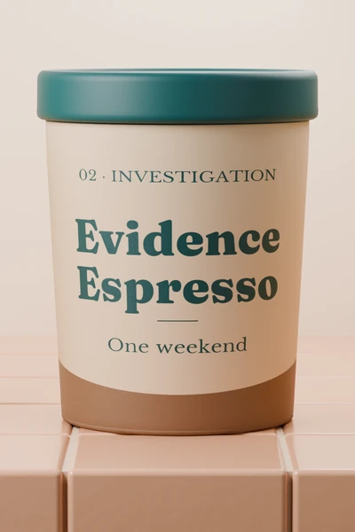 Evidence Espresso, a studio-rendered ice cream pint on peach tile