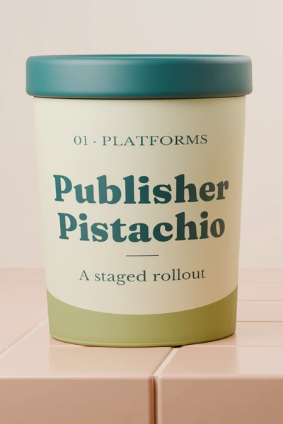 Publisher Pistachio, a studio-rendered ice cream pint on peach tile